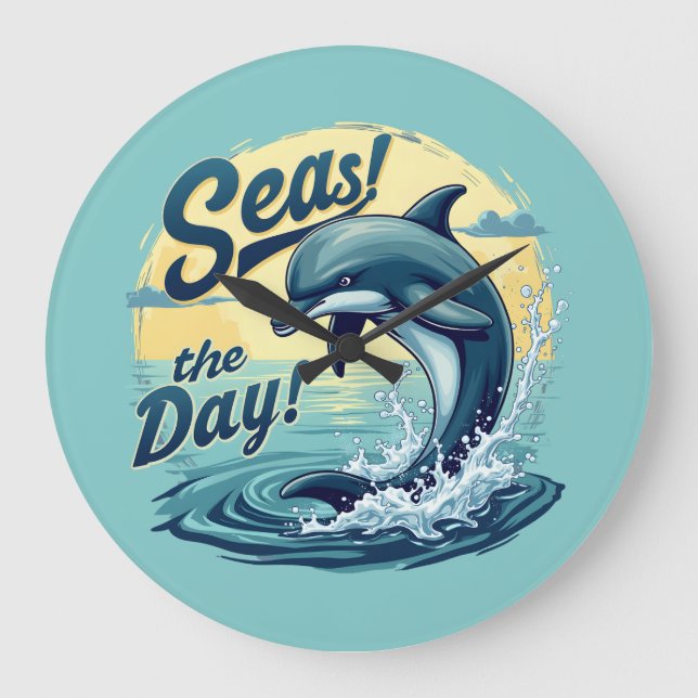 Seas the Day Retro Dolphin Ocean Ästhetik Große Wanduhr (Vorderseite)