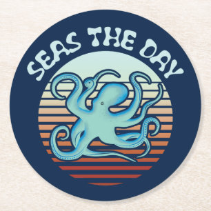 Seas The Day   Summer Vibes Octopus Runder Pappuntersetzer