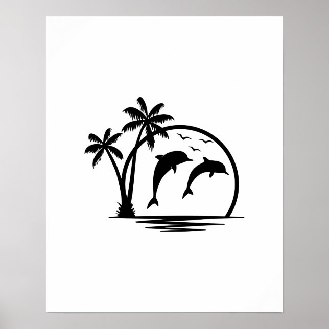 Seascape Dolphin Jumping Palm Tree Ozean Poster (Vorne)