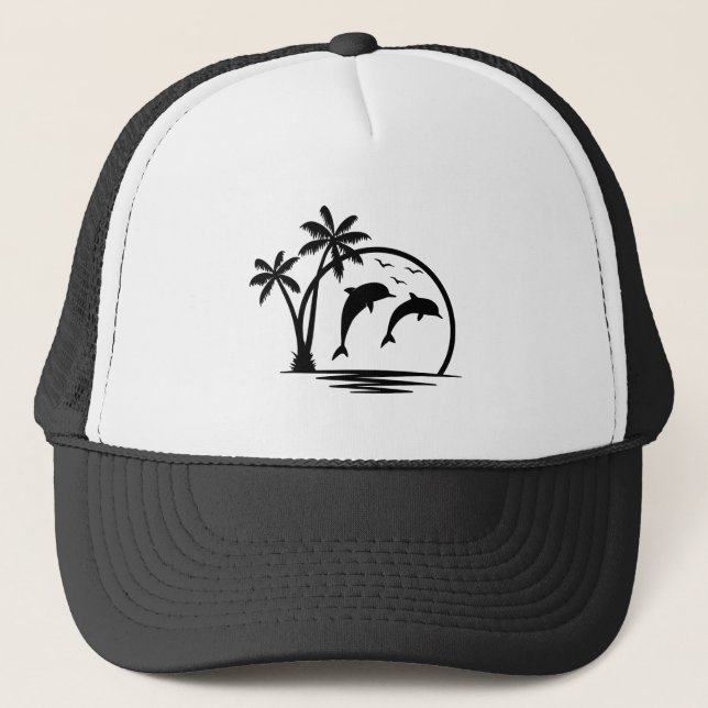 Seascape Dolphin Jumping Palm Tree Ozean Truckerkappe (Vorderseite)