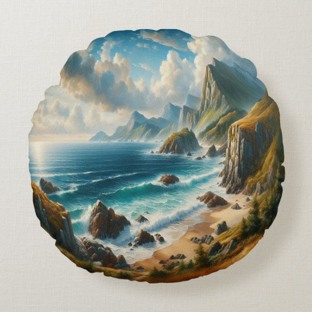 Seascape Gemälde Strand mit Klippen Rundes Kissen (Vorderseite)