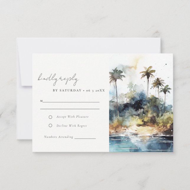 Seascape Palm Tree Island Wasserfarbenhochzeit RSVP Karte (Vorderseite)