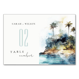 Seascape Palm Tree Island Wasserfarbenhochzeit Tischnummer