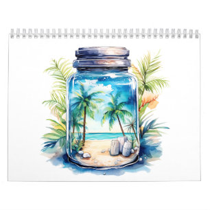 Seascape und Kokospalmen in einem Glas Kalender