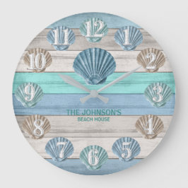 Seashell and Beach Wood Nautical - Blue Teal  Große Wanduhr