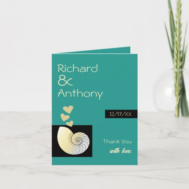 Seashell and Hearts, Beach Wedding Dankeskarte (Vorderseite)