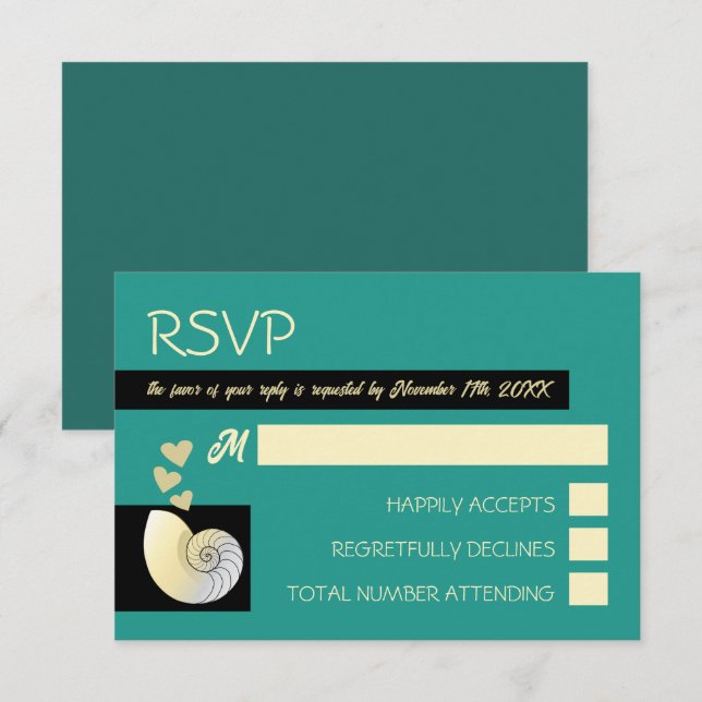 Seashell and Hearts, Beach Wedding RSVP Karte (Vorne/Hinten)