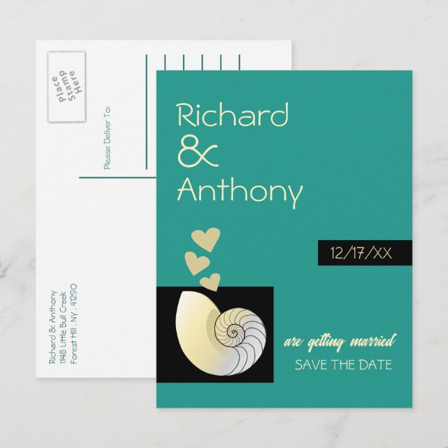 Seashell and Hearts, Beach Wedding Save the Date Ankündigungspostkarte (Vorne/Hinten)