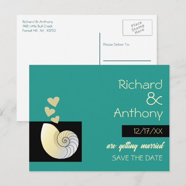 Seashell and Hearts, Beach Wedding Save the Date Ankündigungspostkarte (Vorne/Hinten)