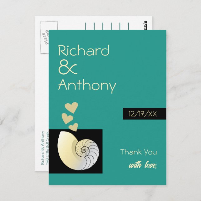 Seashell and Hearts, Beach Wedding Vielen Dank Postkarte (Vorne/Hinten)