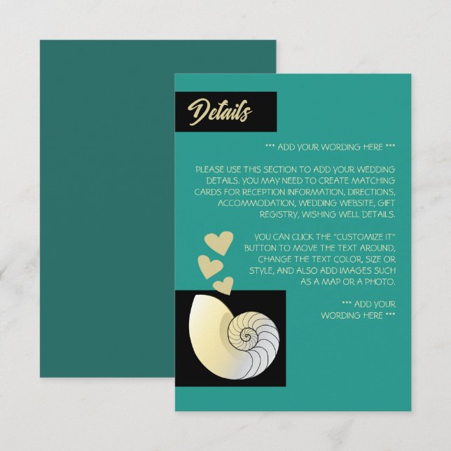 Seashell and Hearts, Details zur Hochzeit am Stran Begleitkarte (Vorne/Hinten)