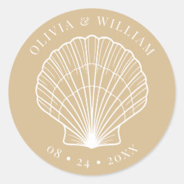 Seashell Beach Coastal Beige Wedding Runder Aufkleber