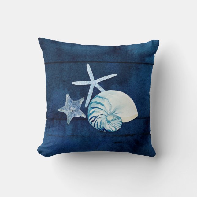 Seashell Beach House Navy Cornautilus Starfish Kissen (Vorderseite)