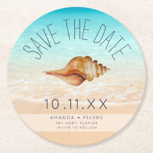 Seashell Beach Wedding Save the Date Runder Pappuntersetzer