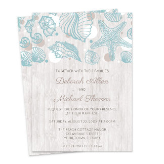 Seashell blanchi Wood Beach Mariage Invitation