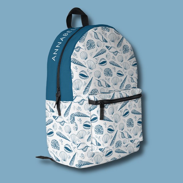 Seashell Blue White Beach Bedruckter Rucksack (Coastal chic blue seashell nautical beach vibe backpack)