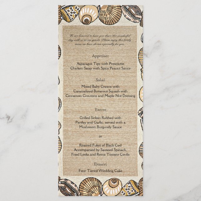 Seashell Border in Brown Wedding Menu Menükarte (Vorderseite)