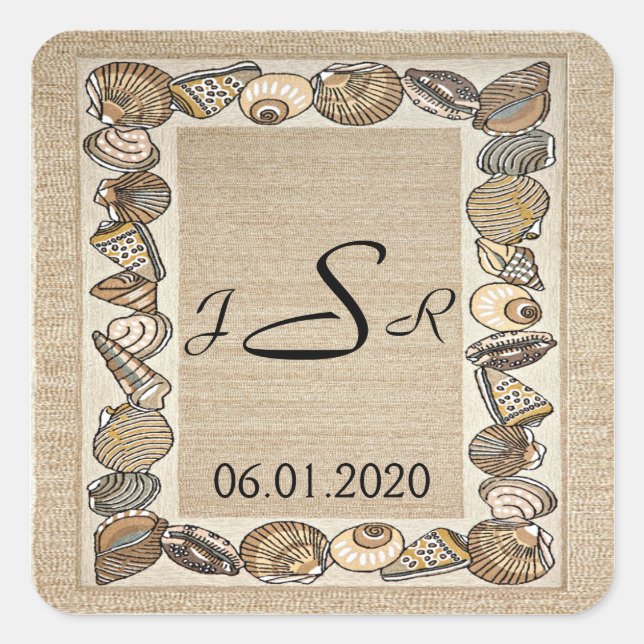 Seashell Border on Brown Weave Monogram Sticker (Vorderseite)
