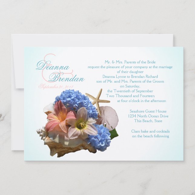 Seashell Bouquet und Starfish Hochzeit in Urlaubso Einladung (Vorderseite)