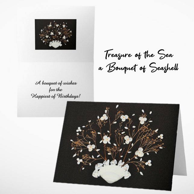 Seashell Bouquet White über Schwarz Elegant Geburt Karte (Von Creator hochgeladen)