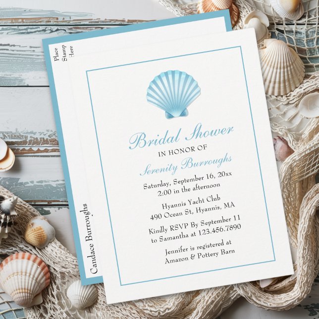 Seashell Brautparty Nautical Blue Beach Coastal Einladungspostkarte (Von Creator hochgeladen)
