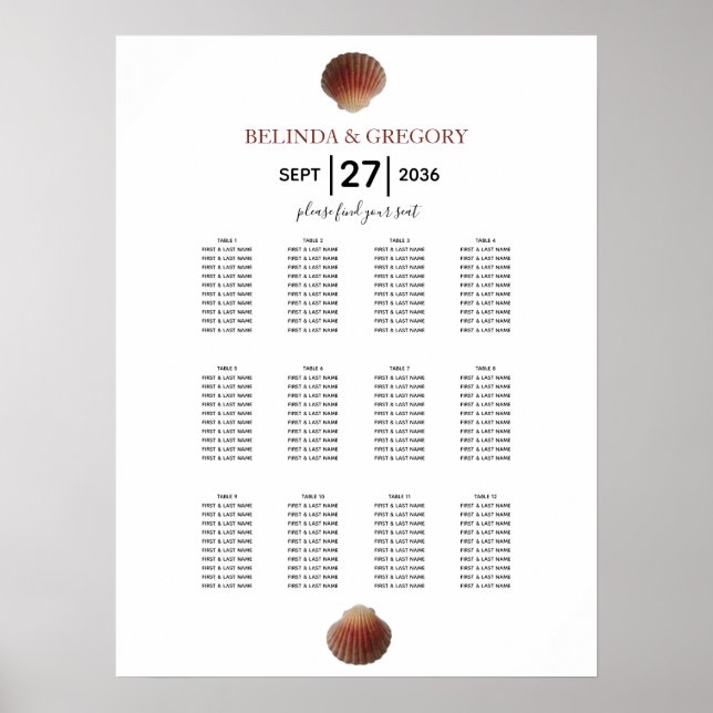 Seashell Clams Hochzeitsdiagramm Poster (Vorne)