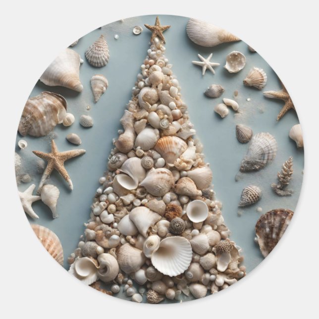 Seashell Coastal Weihnachtsbaum Runder Aufkleber (Vorderseite)