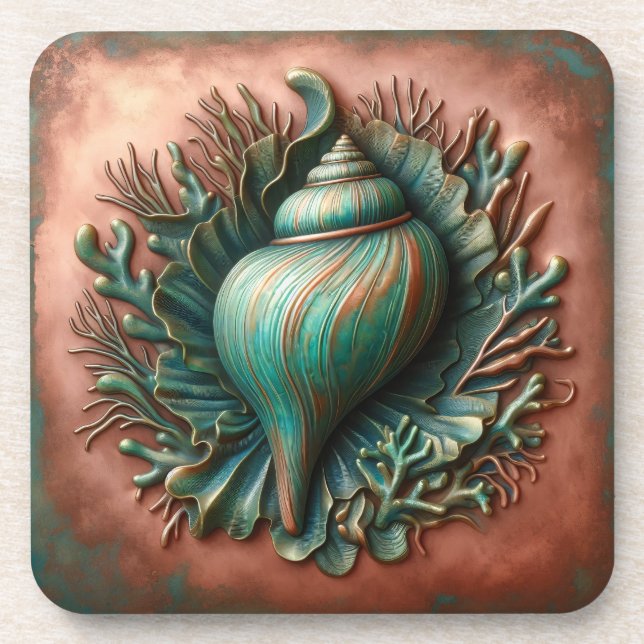 Seashell Copper und Patina Beach House Getränkeuntersetzer (Vorderseite)
