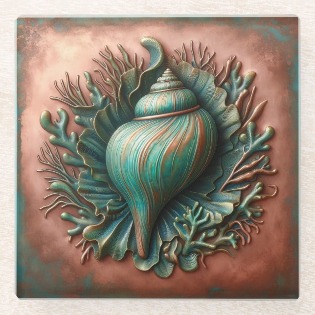 Seashell Copper und Patina Beach House Glasuntersetzer (Vorderseite)