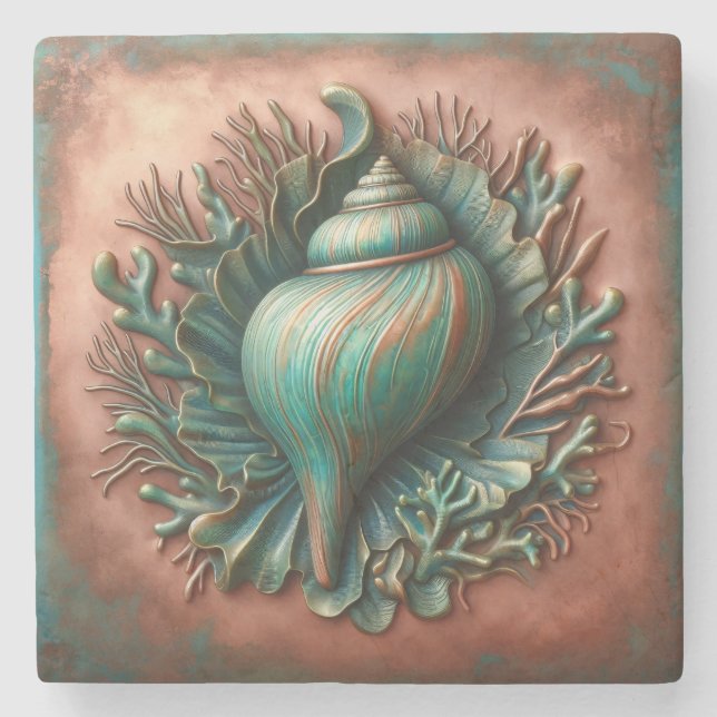 Seashell Copper und Patina Beach House Steinuntersetzer (Vorderseite)