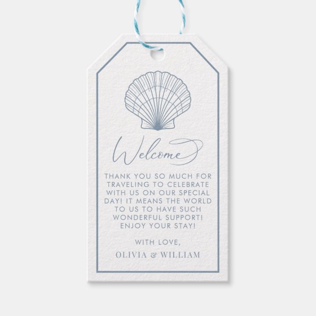 Seashell Dusty Blue Beach Wedding Empfang Geschenkanhänger (Vorderseite)