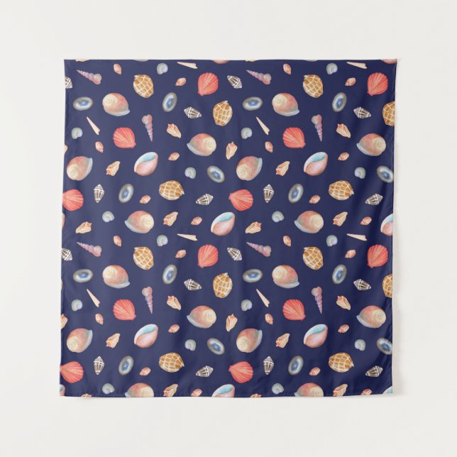 Seashell Elegance: Summer Blue Pattern. Wandteppich (Vorderseite)