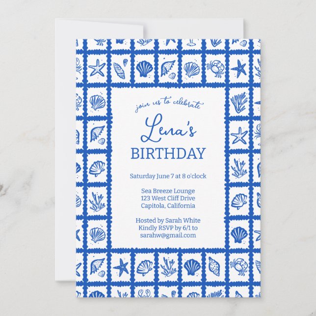 Seashell Grid Beach Birthday Party Blue CUSTOM Einladung (Vorderseite)
