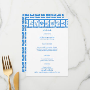 Seashell Grid Beach Wedding Blue White CUSTOM Menükarte