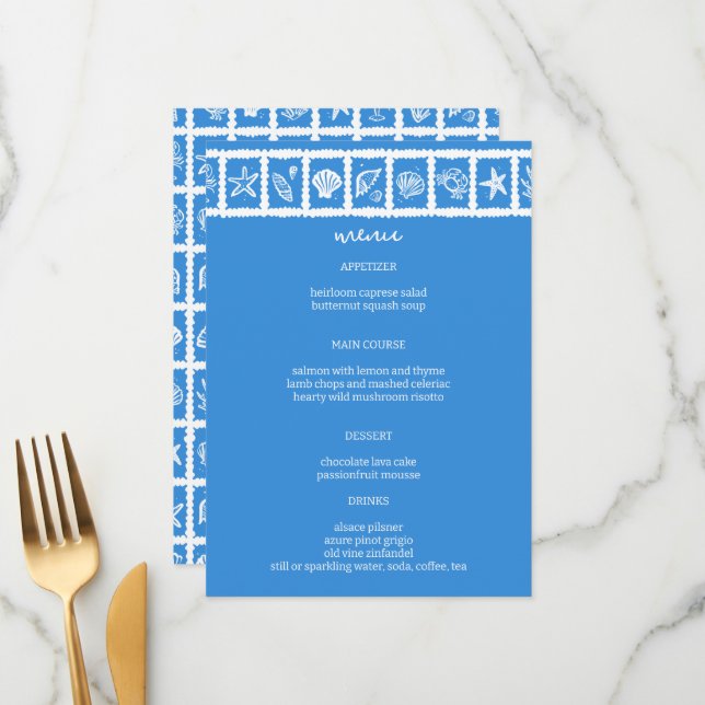 Seashell Grid Beach Wedding Blue White CUSTOM Menükarte (Vorderseite/Rückseite Beispiel)