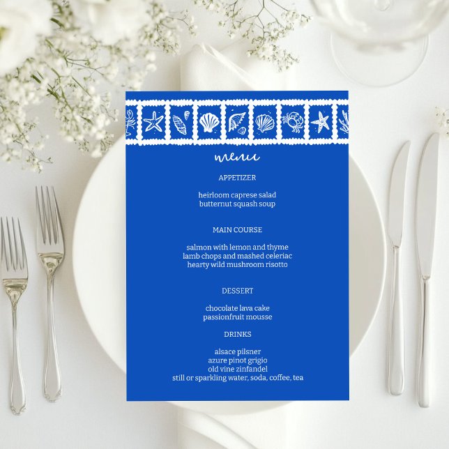Seashell Grid Beach Wedding Blue White CUSTOM Menükarte (Seashell Grid Beach Wedding Blue White CUSTOM Menu
)