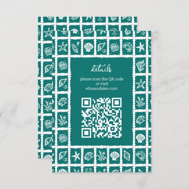 Seashell Grid Beach Wedding CUSTOM QR Code Begleitkarte (Vorne/Hinten)