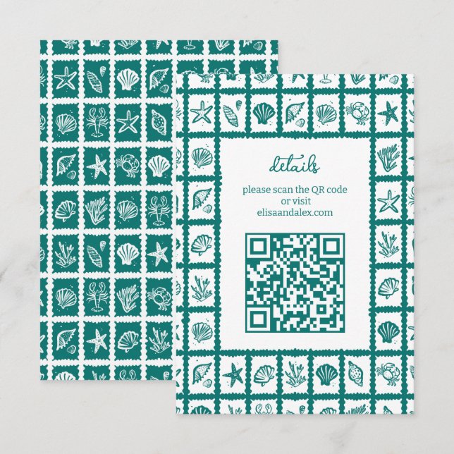 Seashell Grid Beach Wedding CUSTOM QR Code Begleitkarte (Vorne/Hinten)