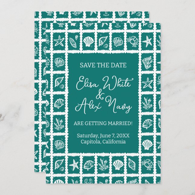 Seashell Grid Beach Wedding CUSTOM QR Code Save The Date (Vorne/Hinten)