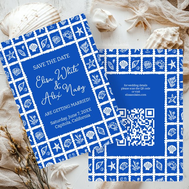 Seashell Grid Beach Wedding CUSTOM QR Code Save The Date (Seashell Grid Beach Wedding CUSTOM QR Code Save The Date
)