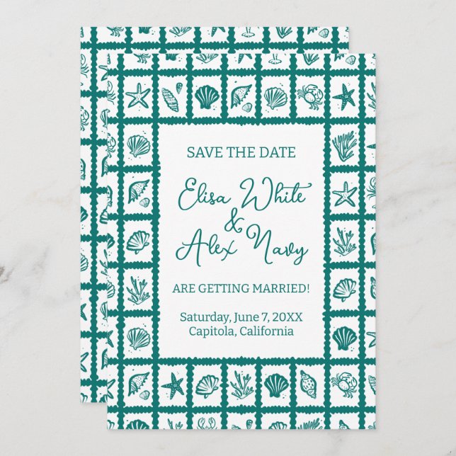 Seashell Grid Beach Wedding CUSTOM QR Code Save The Date (Vorne/Hinten)