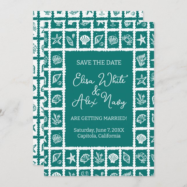 Seashell Grid Beach Wedding CUSTOM QR Code Save The Date (Vorne/Hinten)