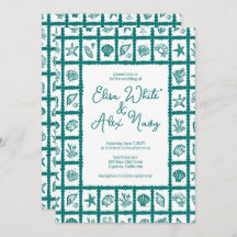 Seashell Grid Beach Wedding Green CUSTOM QR Code