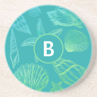 Seashell Monogram Name Blue Aquamarin Beach Musche Getränkeuntersetzer