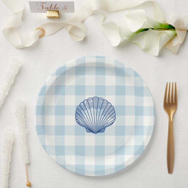 Seashell Nautical Blue Gingham Karo Pattern Pappteller (Hochzeit)