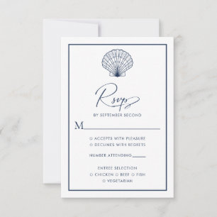 Seashell Navy Blue Beach Elegante Hochzeit RSVP Karte