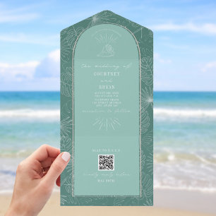 Seashell Palm Aqua Beach Wedding QR Code UAWG All In One Einladung
