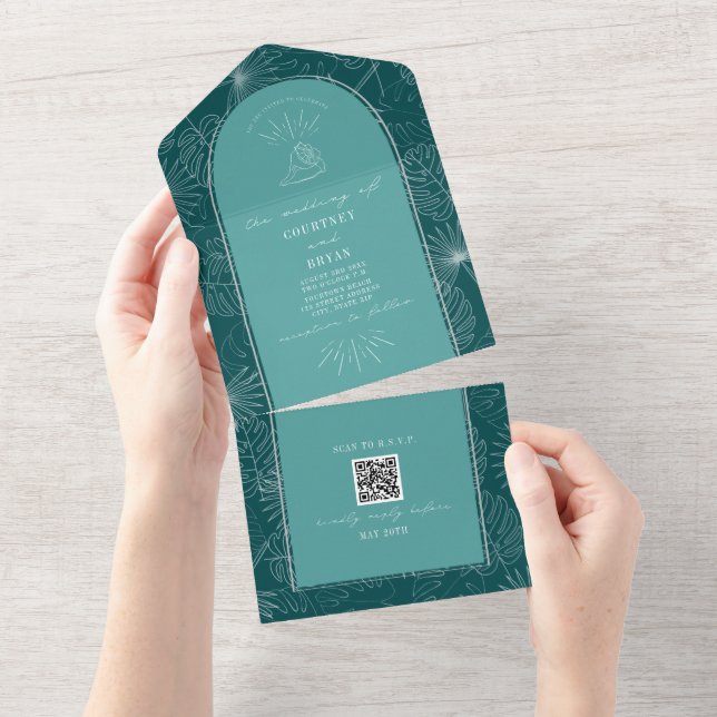 Seashell Palm Aquamarin Beach Wedding QR Code UAWG All In One Einladung (Abreißen)