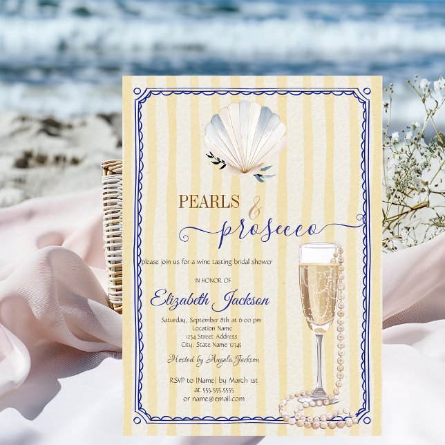 Seashell Pearls & Prosecco Gelb gestreift Einladung (Von Creator hochgeladen)