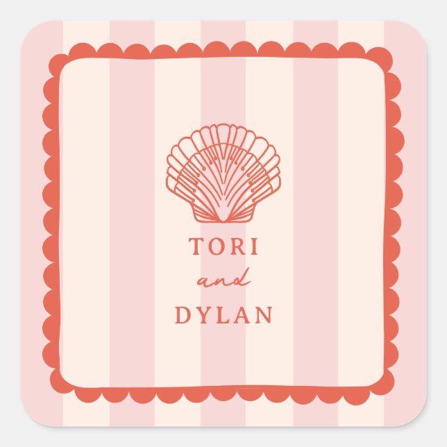 Seashell Pink Striped Tropical Beach Hochzeit Quadratischer Aufkleber (Vorderseite)